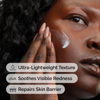 Close-up of a model applying Rice Lipids + Ectoin Microemulsion. Text overlays highlight its ultra-lightweight texture, ability to soothe visible redness, and repair the skin barrier.